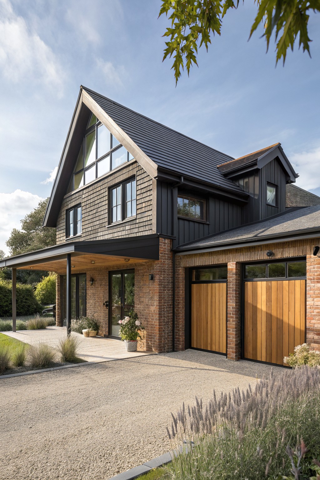 Modern two-story brick and wood house with black gabled roof and garage.