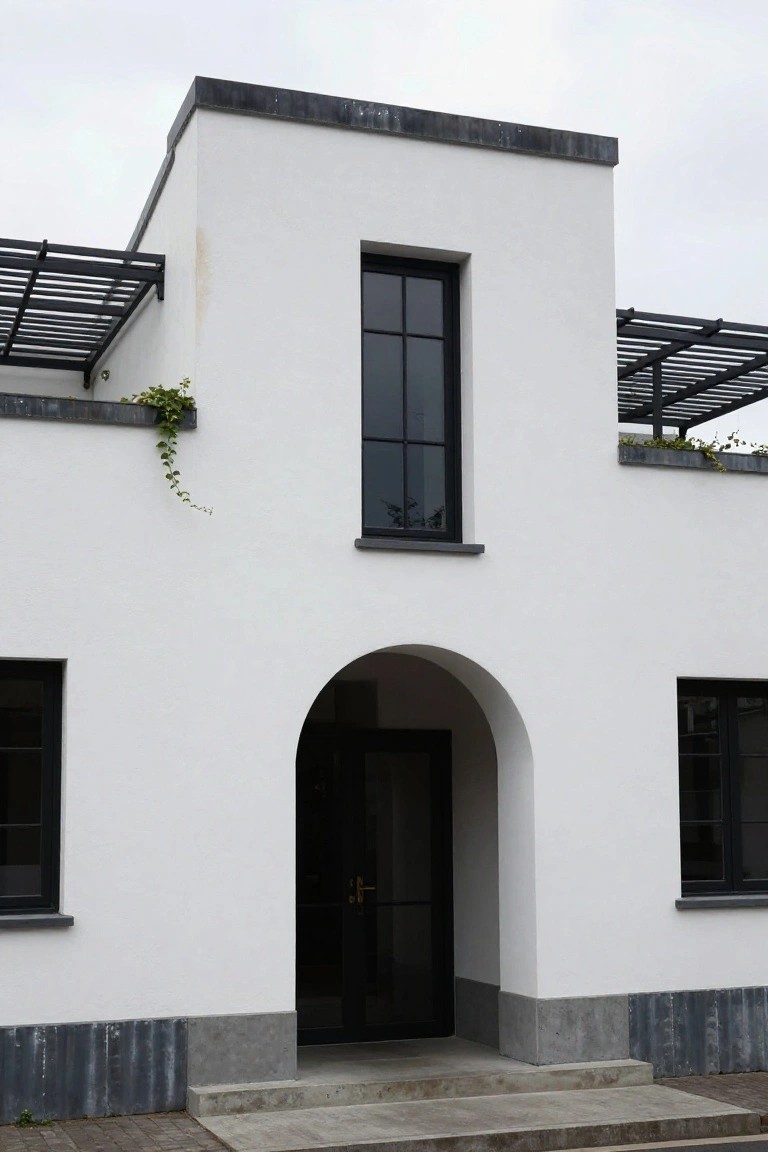 White stucco house facade with black-framed windows, arched black front door, metal pergolas on the roof edges, ivy plants, and concrete steps under a cloudy sky.