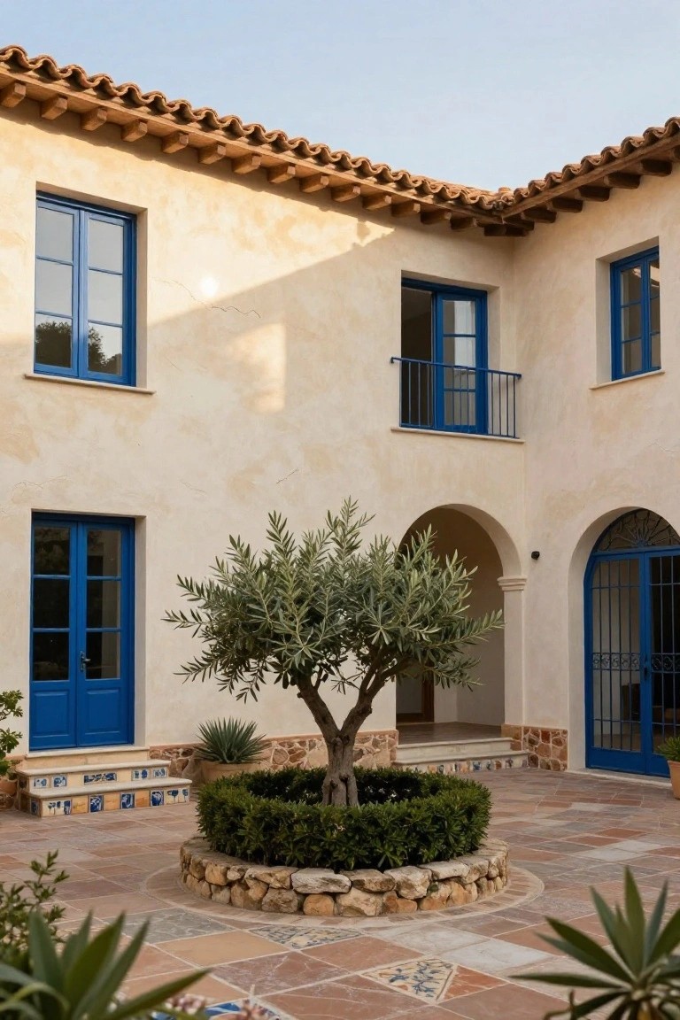 Beige stucco house exterior featuring cobalt blue doors and windows, terracotta tile roof, arched entryway with iron gate, central olive tree in circular stone planter on patterned terracotta patio.