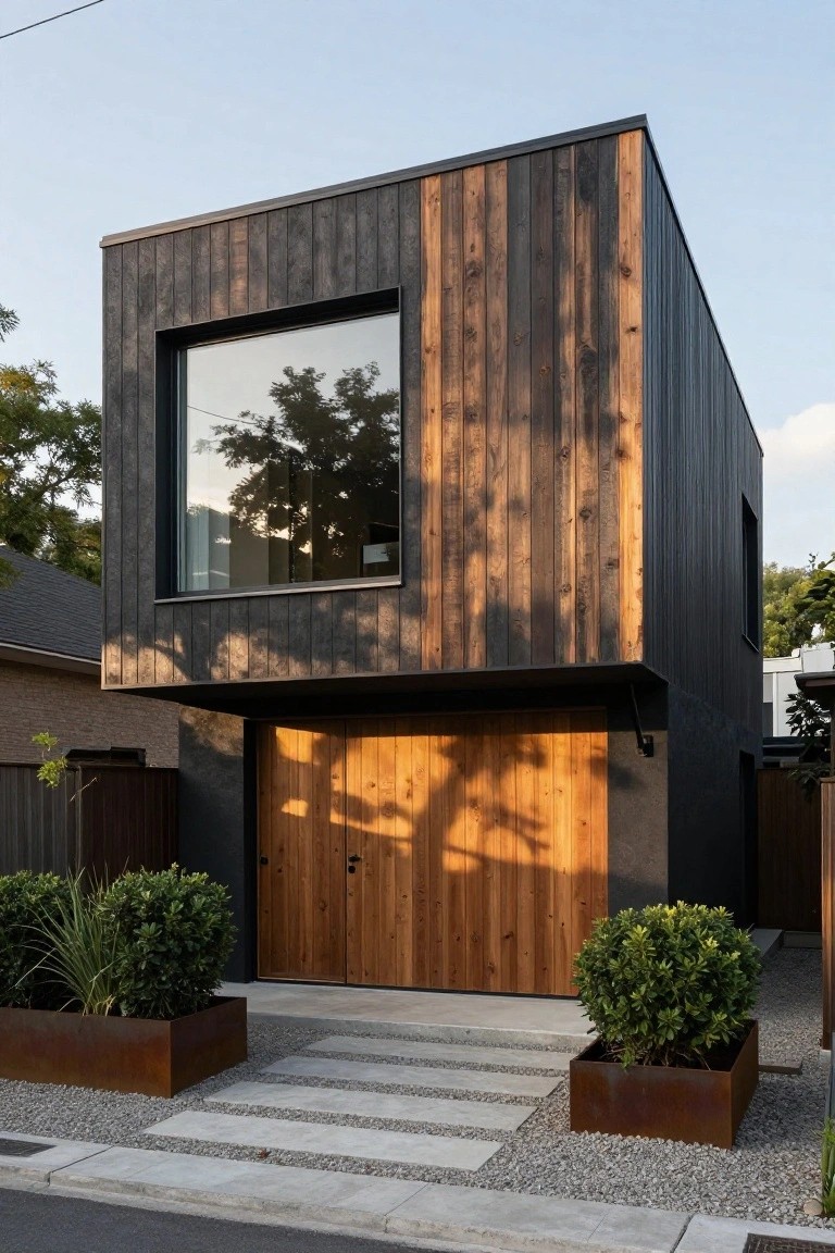 A compact modern house with dark vertical charred wood cladding, a large glass window, light wood double garage doors, metal planters with boxwood shrubs, and a concrete step path on gravel beside a street.