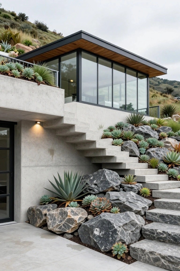 Modern concrete house exterior on a hillside with wide stairs lined by large gray boulders and various succulents including agaves, leading to a glass-walled upper level with wood roof accents.