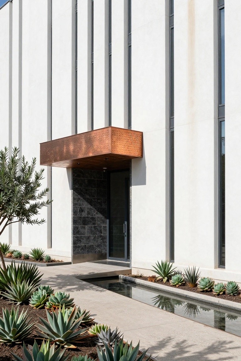 White modernist house facade with vertical fins and large windows, copper perforated awning over black stone entry door, agave plants along concrete path with narrow water channel.