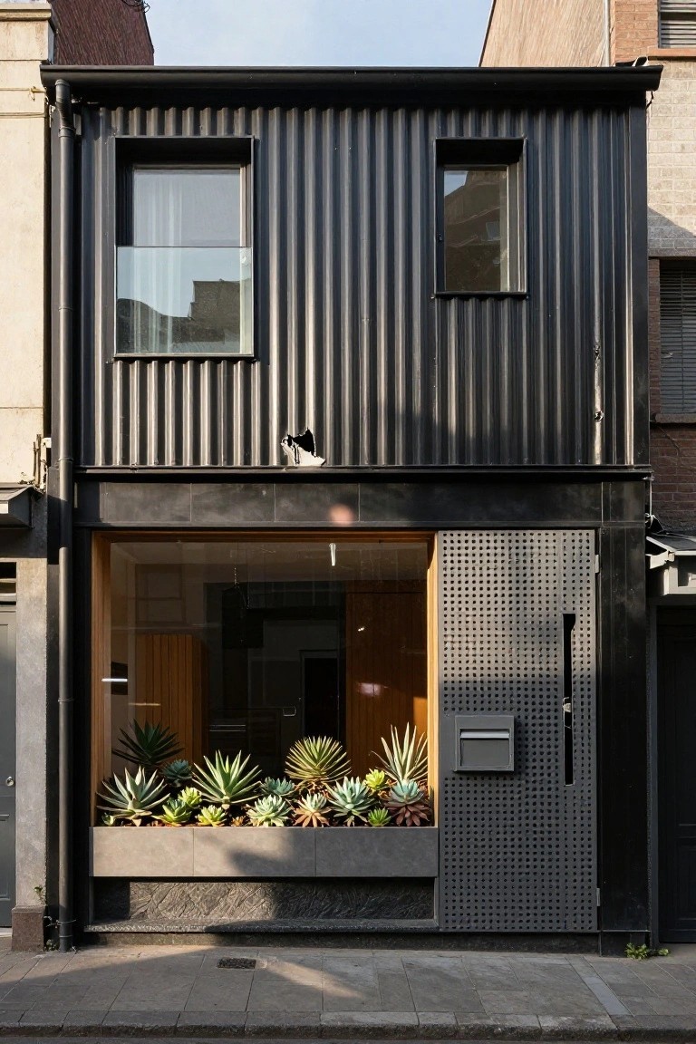 Narrow three-story urban house with black corrugated metal cladding, large storefront-style glass window displaying potted succulents and agaves, perforated metal entry door, and mailbox beside adjacent brick buildings on a paved street.