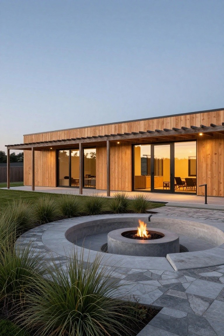 Side view of a modern horizontal wood-clad house with a covered pergola porch, sliding glass doors, and a circular concrete fire pit centered in a curved gray stone paved patio surrounded by tall ornamental grasses at dusk.