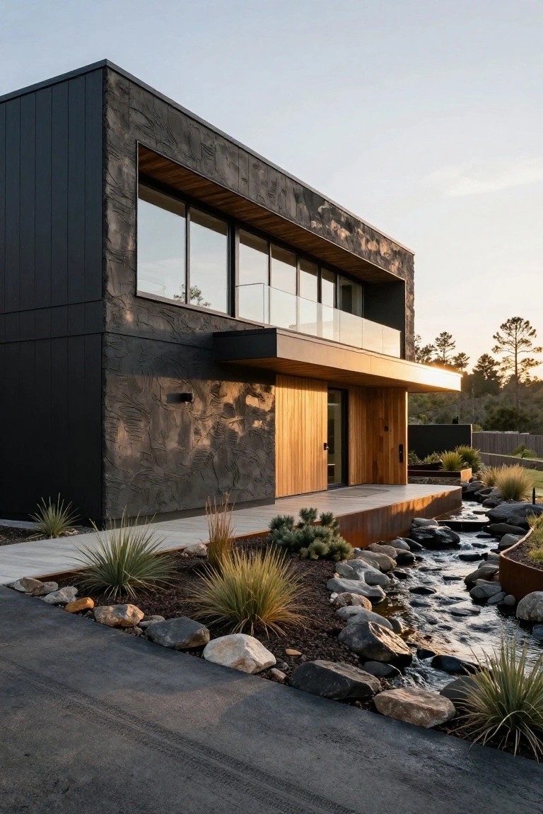 Modern single-story house exterior with black textured cladding, large glass windows on upper level, wooden entry door and overhang, glass balcony railing, and adjacent rock garden with flowing water feature.