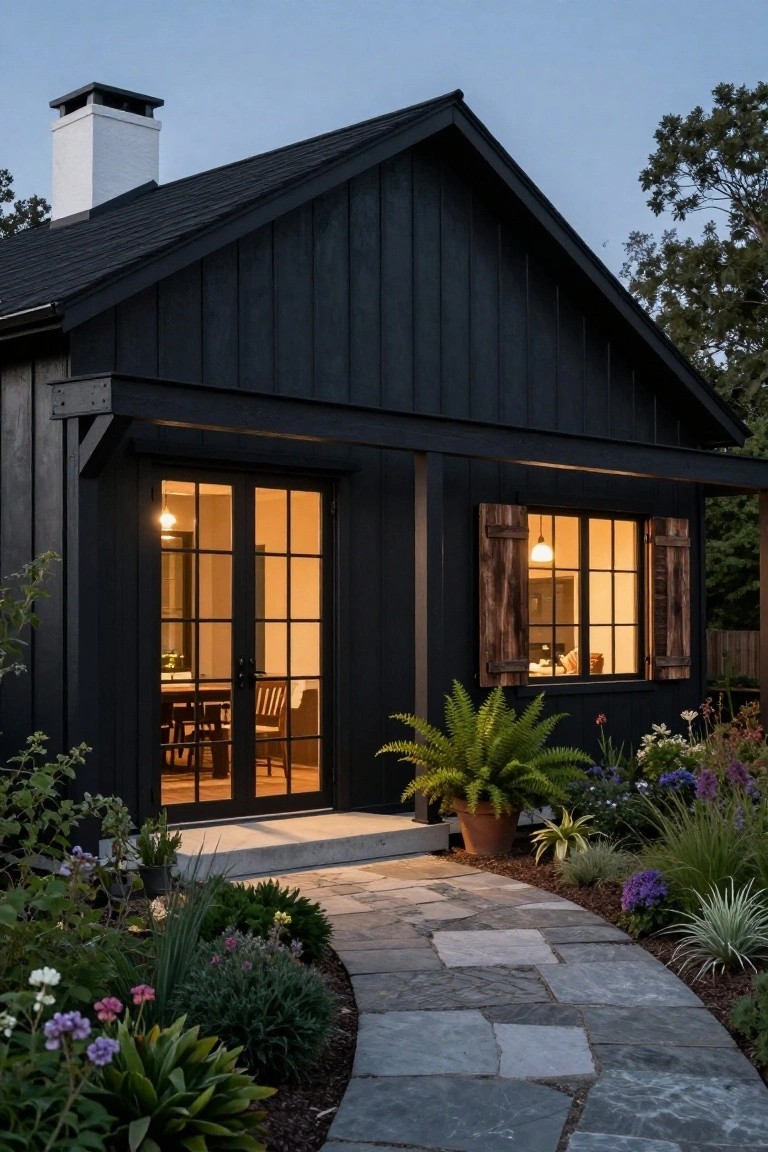 Black board-and-batten wood house with gabled roof, white chimney, glass French doors, shuttered windows with interior lights on, stone pathway, and garden plants at dusk.