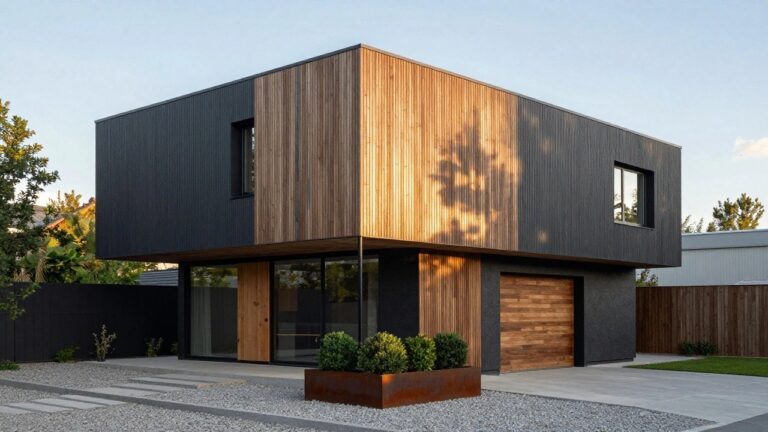 A compact modern house with dark vertical charred wood cladding, a large glass window, light wood double garage doors, metal planters with boxwood shrubs, and a concrete step path on gravel beside a street.