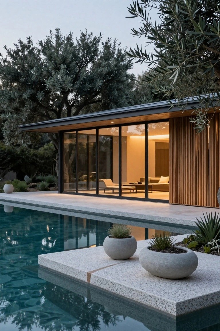 Modern single-story house exterior with dark cantilevered roofline, vertical wood slat screening, and large floor-to-ceiling glass walls adjacent to a turquoise pool on a light terrazzo deck with potted plants and olive trees at dusk.
