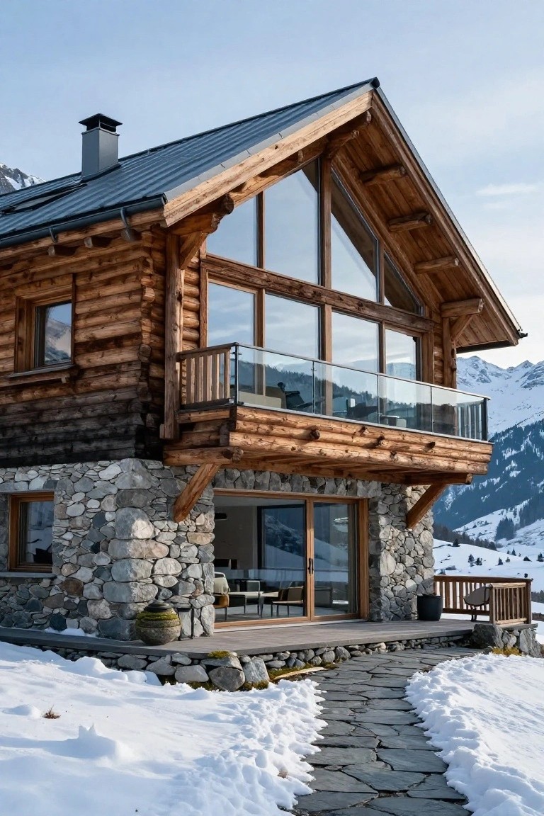 A two-story chalet-style house with horizontal log wood siding, stone foundation, dark metal roof, large glass windows and balcony on the upper level, glass doors to a deck, set in snowy mountains with a stone path leading to the entrance.