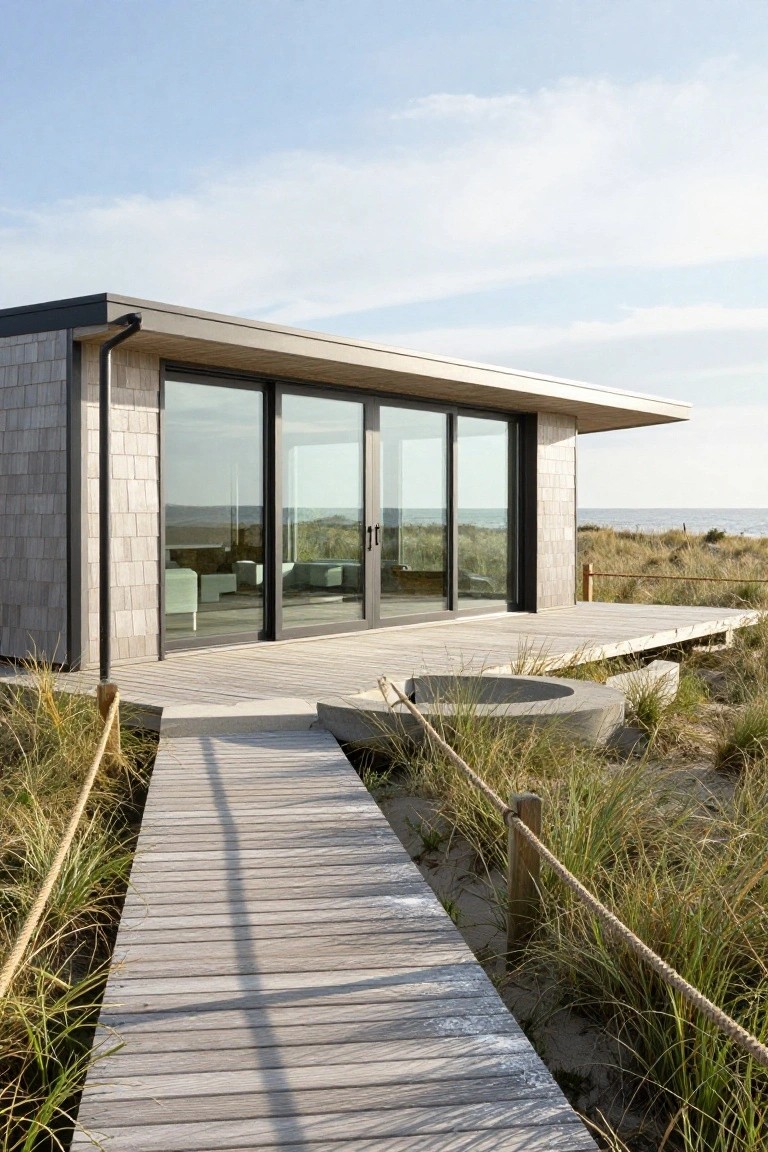 Modern rectangular beach house clad in cedar shingles with a flat roof overhang, large sliding glass doors on a wooden deck elevated above sand dunes and beach grass, connected by a wooden boardwalk path, ocean in the background.