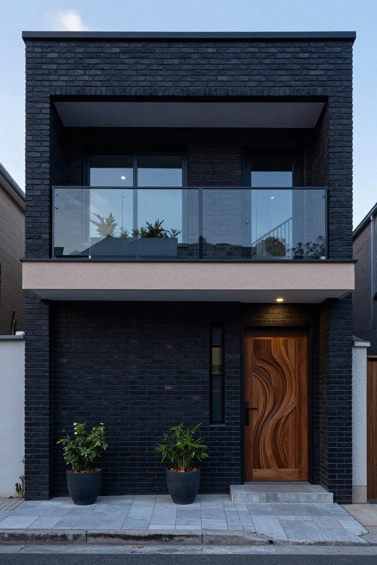 Two-story house with black brick exterior, glass balcony railing on upper level, narrow vertical window beside wavy carved wooden front door, two potted plants flanking entry steps on paved path.