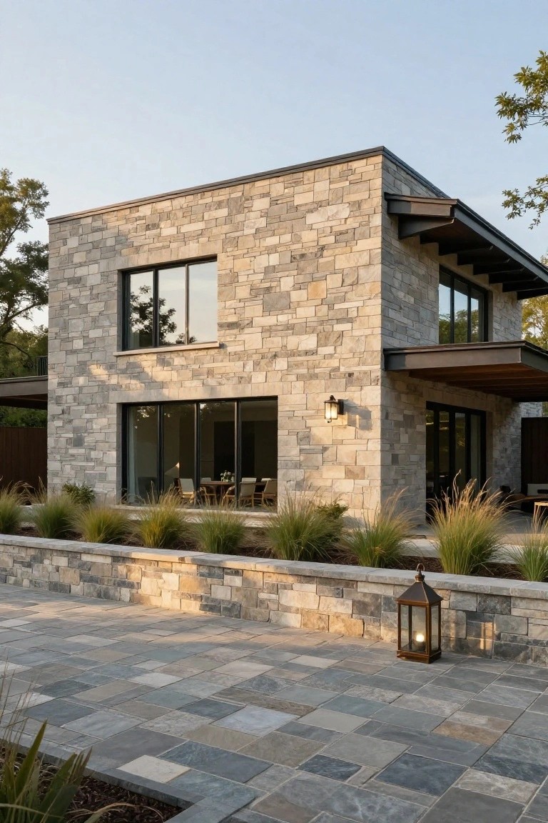 Corner view of a modern two-story house with light gray stone facade, large black-framed windows, cantilevered metal roof overhang, stone retaining wall with ornamental grasses, paver stone patio, and a lit metal lantern.