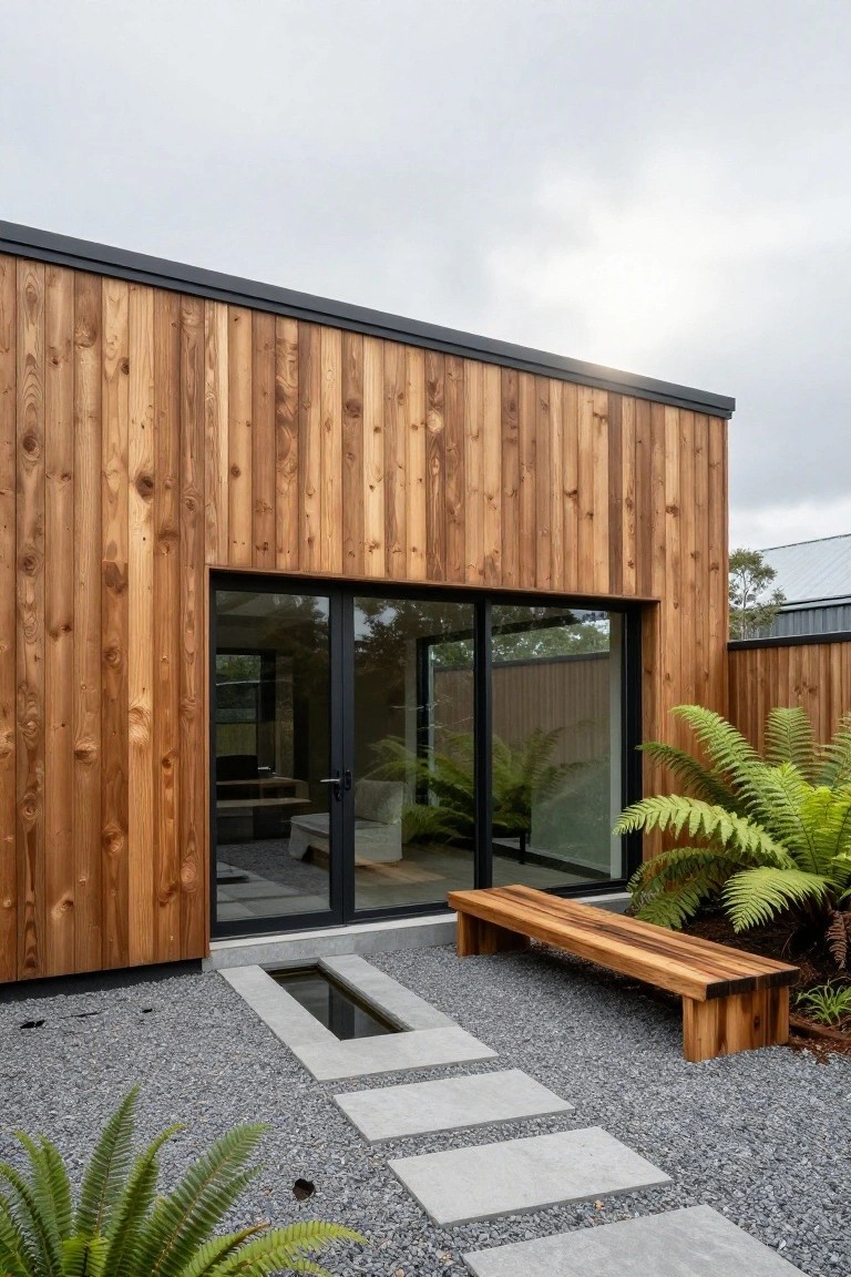 Modern house exterior featuring vertical light brown wood cladding, black-framed sliding glass doors, a wooden bench, gravel ground cover, concrete steps, ferns, and a narrow linear water feature.