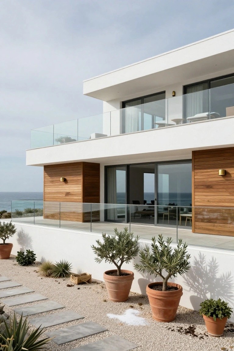 Modern two-story white house exterior with vertical wood cladding on lower walls, large sliding glass doors, glass balcony railings overlooking the ocean, gravel path and potted olive trees in front.
