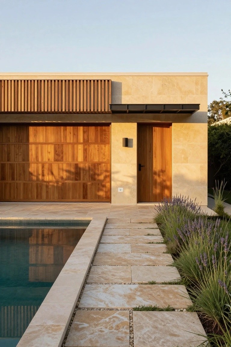 Modern house exterior with beige travertine stone walls, large vertically slatted wooden garage door, wooden entry door next to a black wall light, and an adjacent rectangular pool edged in travertine with lavender plants and a stone path.
