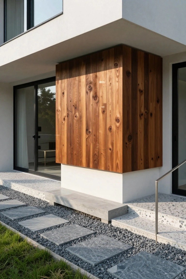 Modern house exterior with white stucco walls featuring a tall vertical panel of reddish wood planks, adjacent sliding glass doors, concrete steps, gray stone pavers, gravel edging, and adjacent grass.