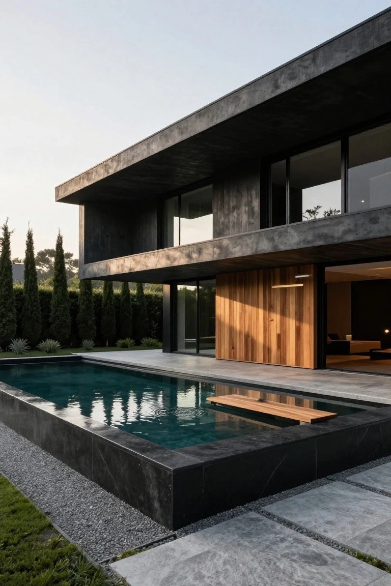 Modern black concrete house exterior with large glass windows, vertical wooden entry panel, infinity-edge pool, and cypress trees in the background.