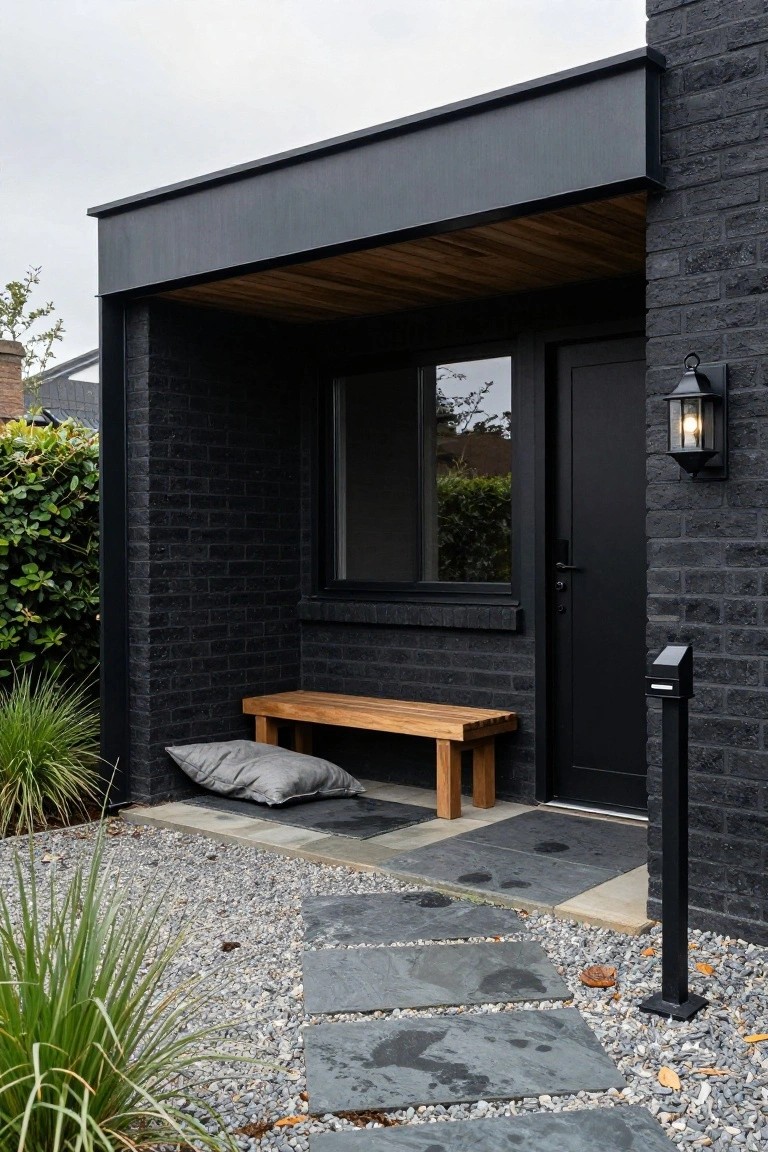 Black brick house entrance with cantilevered wooden canopy, black front door and window, wooden bench with gray cushion, lantern light, gravel path, stone pavers, and ornamental grasses.