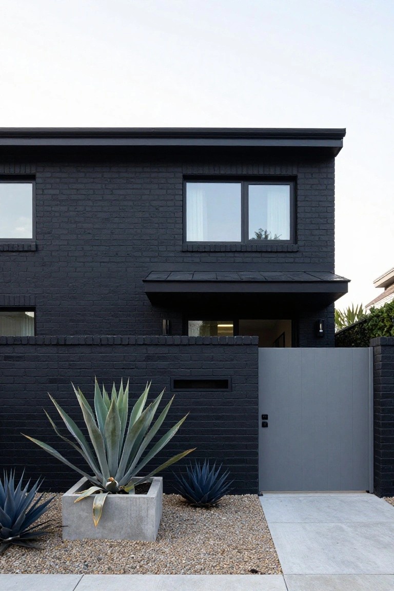 Modern two-story house exterior with black brick walls, gray metal entry gate, large agave plant in square concrete planter flanked by smaller agaves, gravel mulch, and concrete pathway.