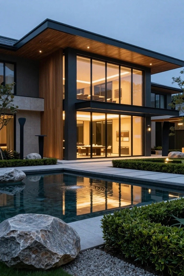 Modern two-story black house exterior featuring vertical wood cladding on one side, large glass windows and sliding doors, overhanging wood roof, stone sculptures, rectangular reflecting pool with rocks and boxwood hedges, viewed at dusk.