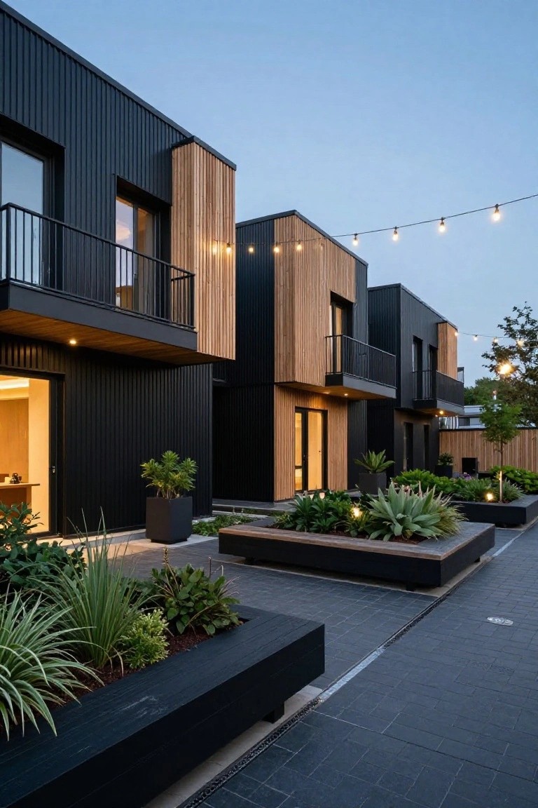 Three modern attached homes with black corrugated metal siding, light wood vertical panels, black metal balconies, warm entry doors, string lights overhead, and black planters with succulents in a paved courtyard at dusk.