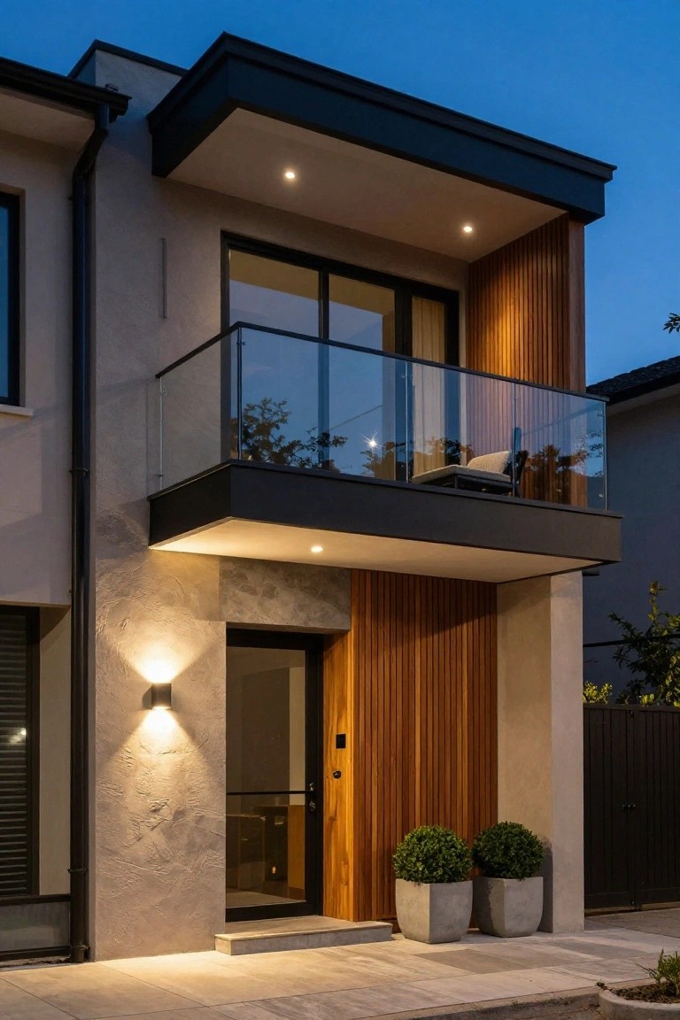 Modern two-story house exterior at dusk with light rendered walls, black window frames and balcony structure, glass railing, wooden entry door and cladding, wall lights, and two white square pots with clipped green shrubs by the steps.