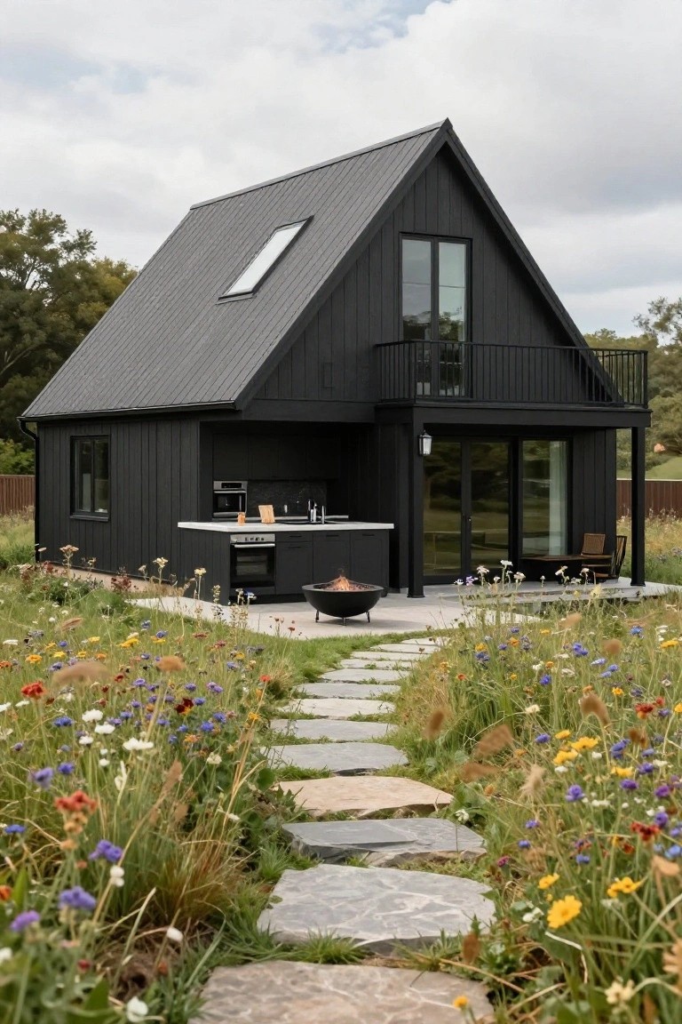 Black wood-clad house with steep gabled roof, skylight, balcony, outdoor kitchen, fire pit, stone path leading through wildflower meadow.