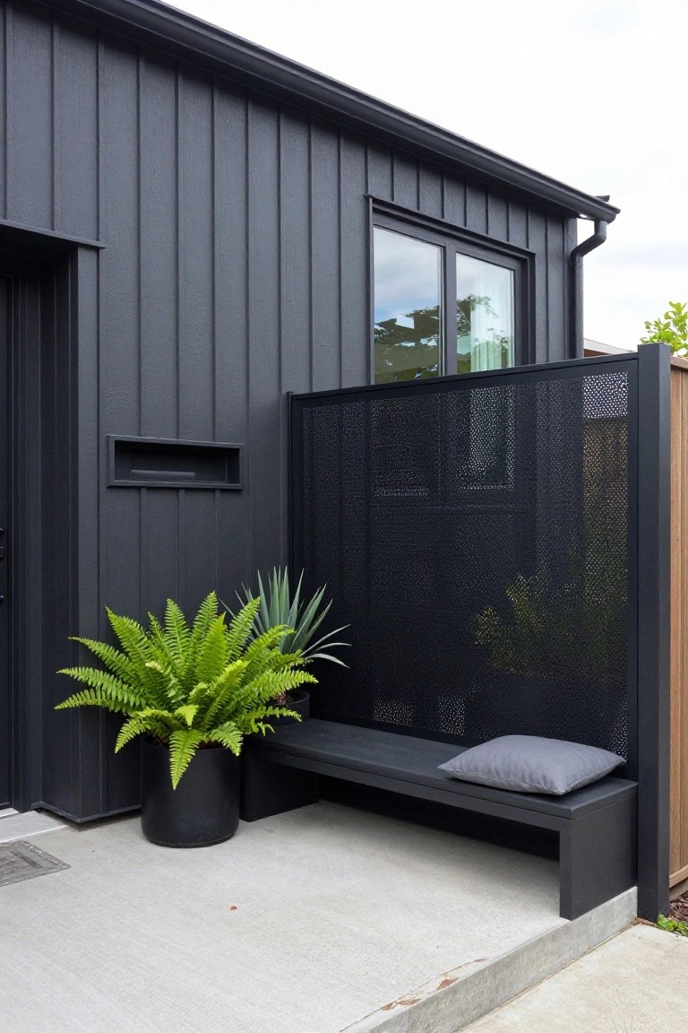 Modern black vertical board-and-batten house exterior with garage door, window, mail slot, potted ferns and agave, black bench with gray cushion on concrete porch, and tall adjacent perforated black metal screen fence.