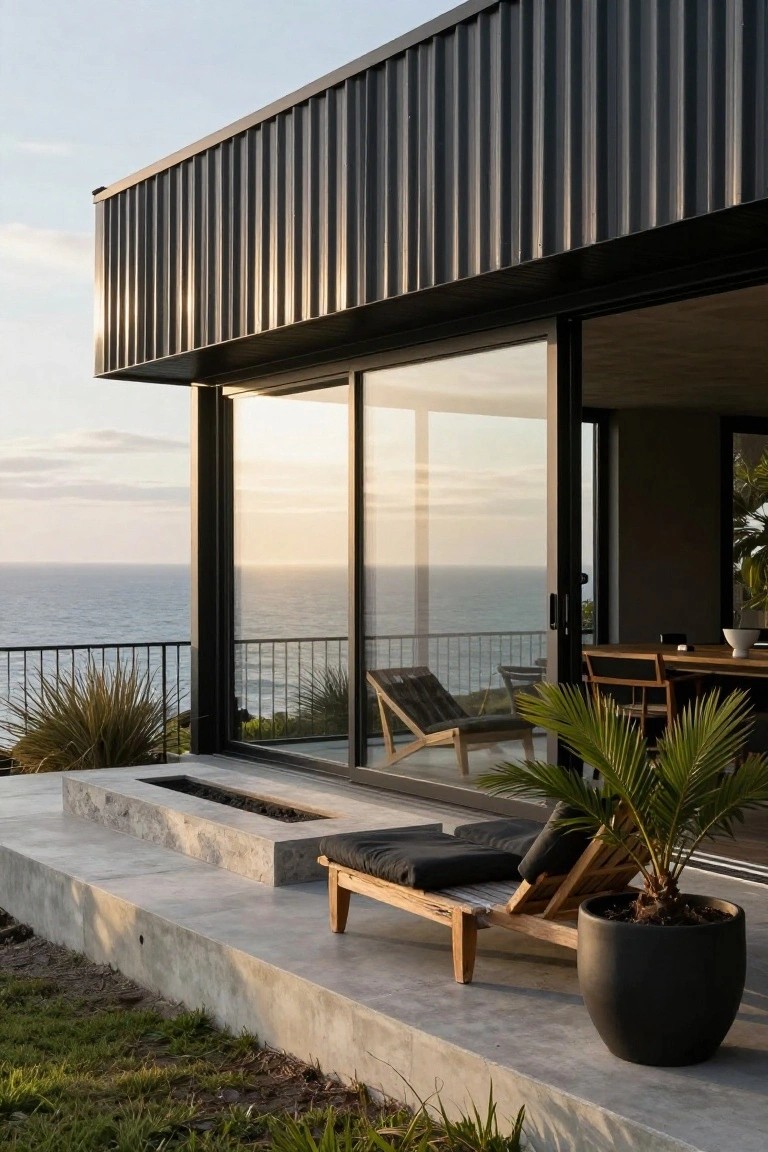 Corner view of a modern house with black ribbed metal cladding on upper walls, large sliding glass doors opening to a concrete terrace overlooking the ocean, with an outdoor daybed, plants, linear fire pit, and chairs inside.