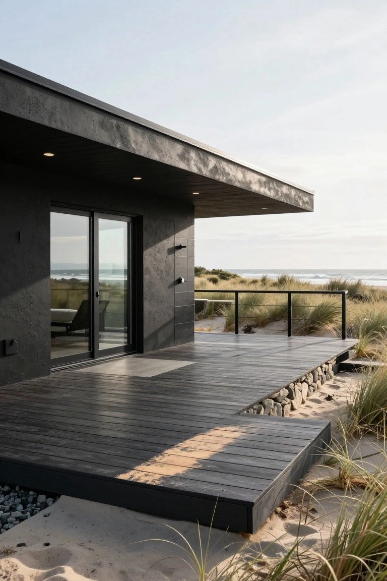 Black textured modern house exterior with sliding glass doors, wooden deck, and black metal railing overlooking beach dunes and ocean.