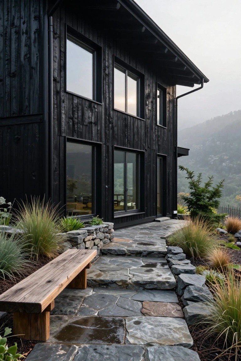 Side view of a two-story modern house clad in dark vertical wood planks with large rectangular windows and glass doors, a flagstone pathway with wooden bench and ornamental grasses leading to the entrance, surrounded by rocks and native plants against a forested mountain backdrop.