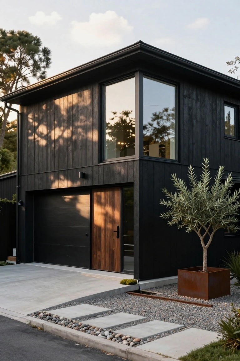 Modern two-story house with black wood siding, large corner glass window, black garage door, wooden entry door, olive tree in square rust planter, stone and gravel path on concrete driveway.