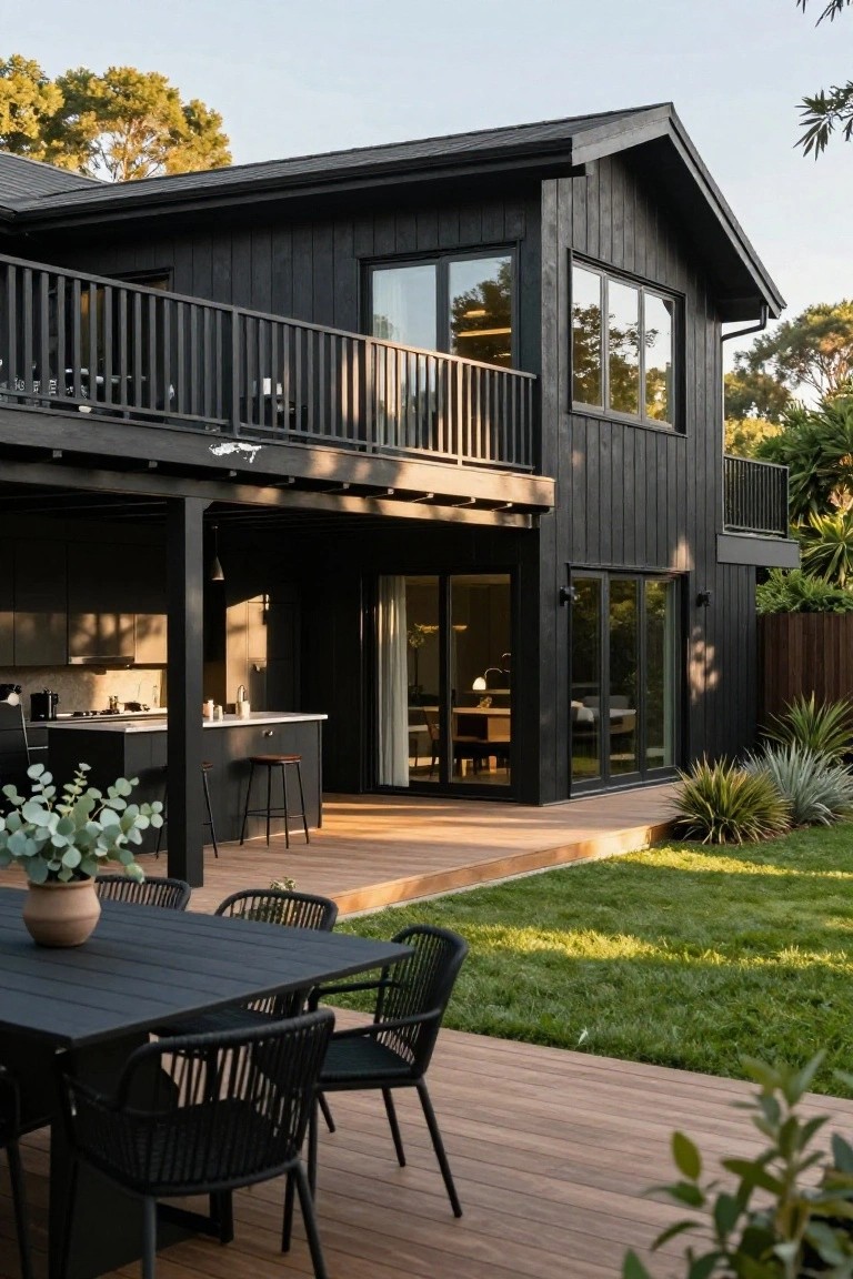Rear exterior of a two-story modern house with black vertical wood siding, upper balcony, lower deck with black dining table and chairs, outdoor kitchen, large glass doors, and lawn with plants.