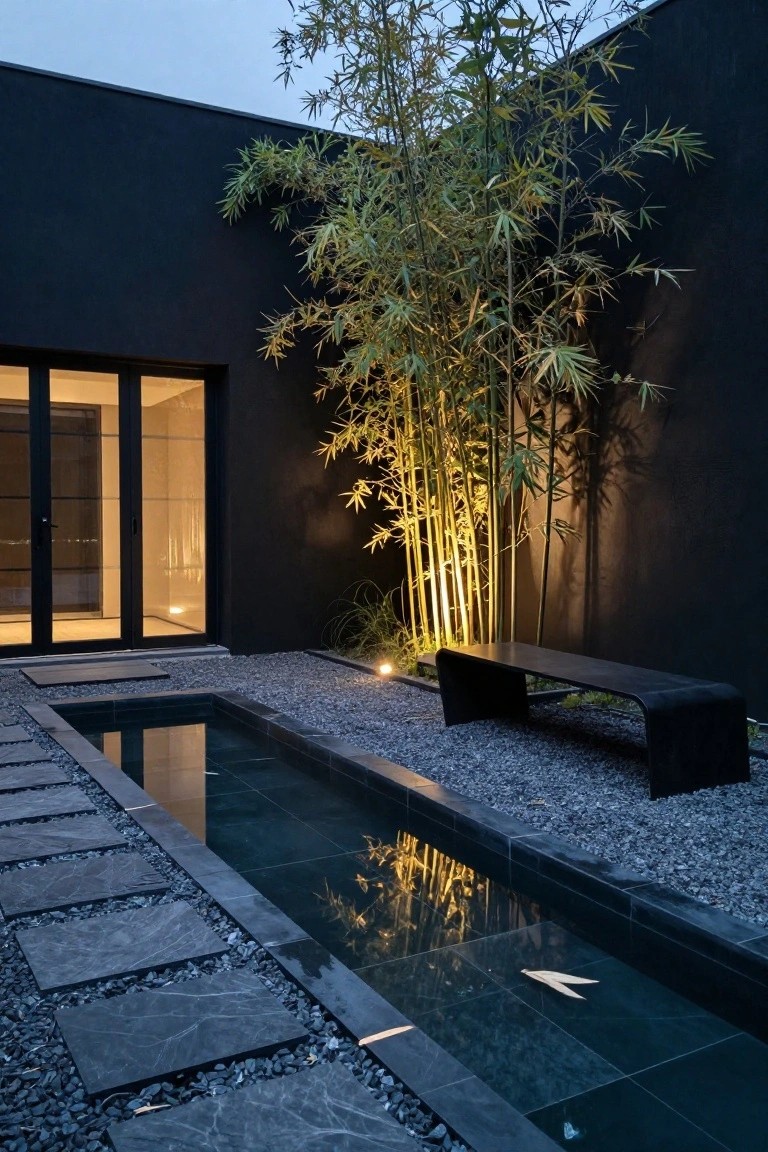 Dark modern courtyard at dusk with tall lit bamboo against a black exterior wall, narrow rectangular reflecting pool, black stone stepping path, gravel ground cover, and sleek black bench beside large glass doors.