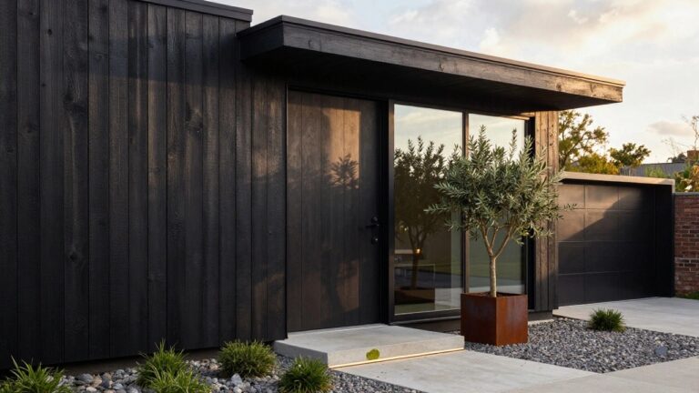 Modern two-story house with black wood siding, large corner glass window, black garage door, wooden entry door, olive tree in square rust planter, stone and gravel path on concrete driveway.
