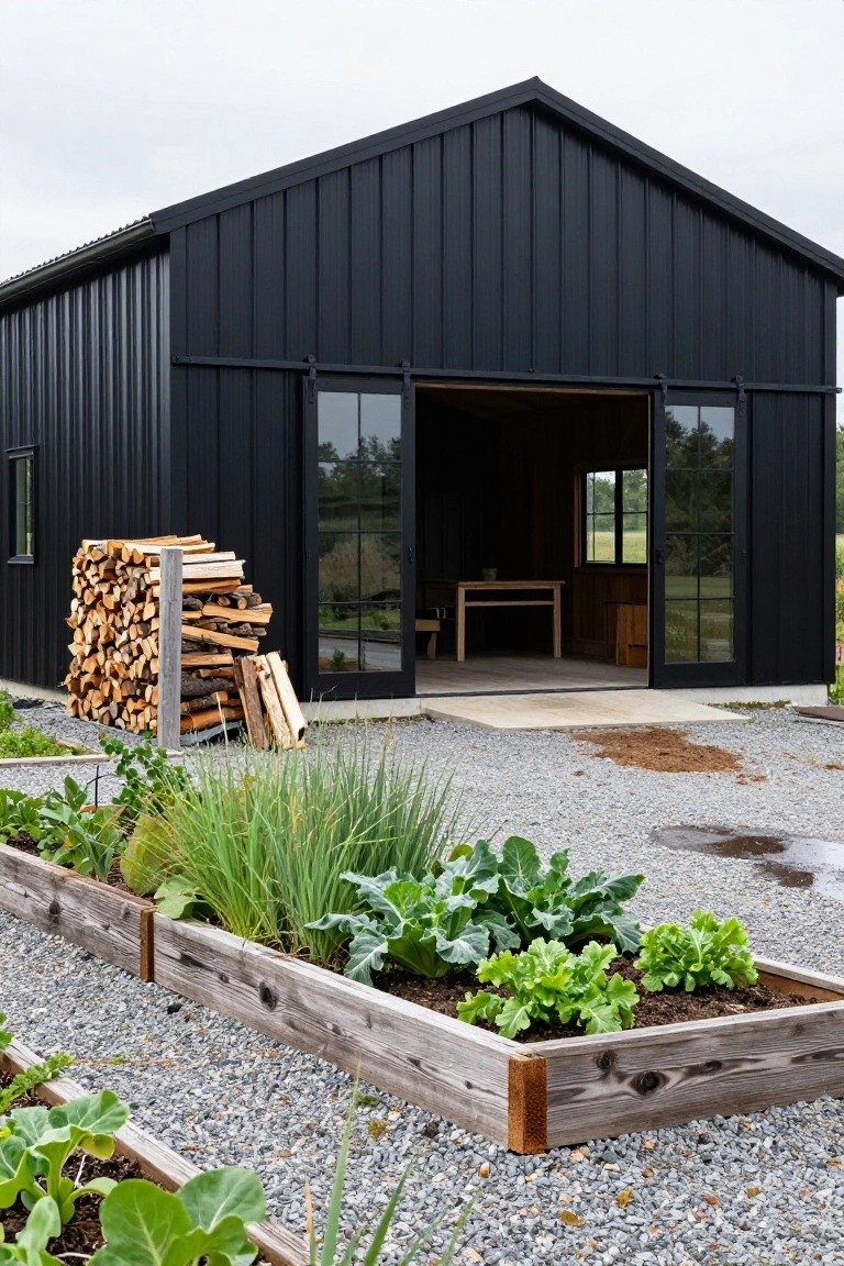 Black metal-clad barn-style building with open sliding glass doors revealing wooden interior elements, firewood stack against the side, and wooden raised garden beds with vegetables in the foreground on gravel ground.