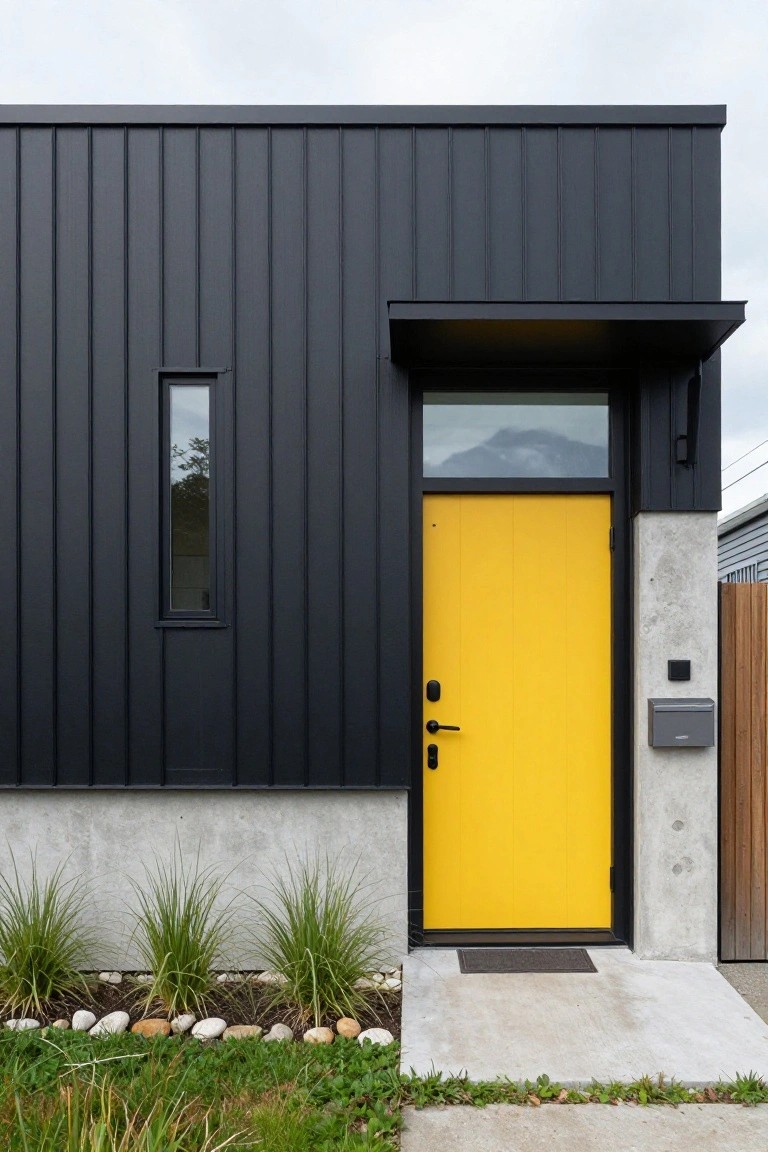 Side view of a modern house exterior with black vertical corrugated cladding, yellow front door, narrow window, concrete base, and gravel garden bed with grasses along the entrance.
