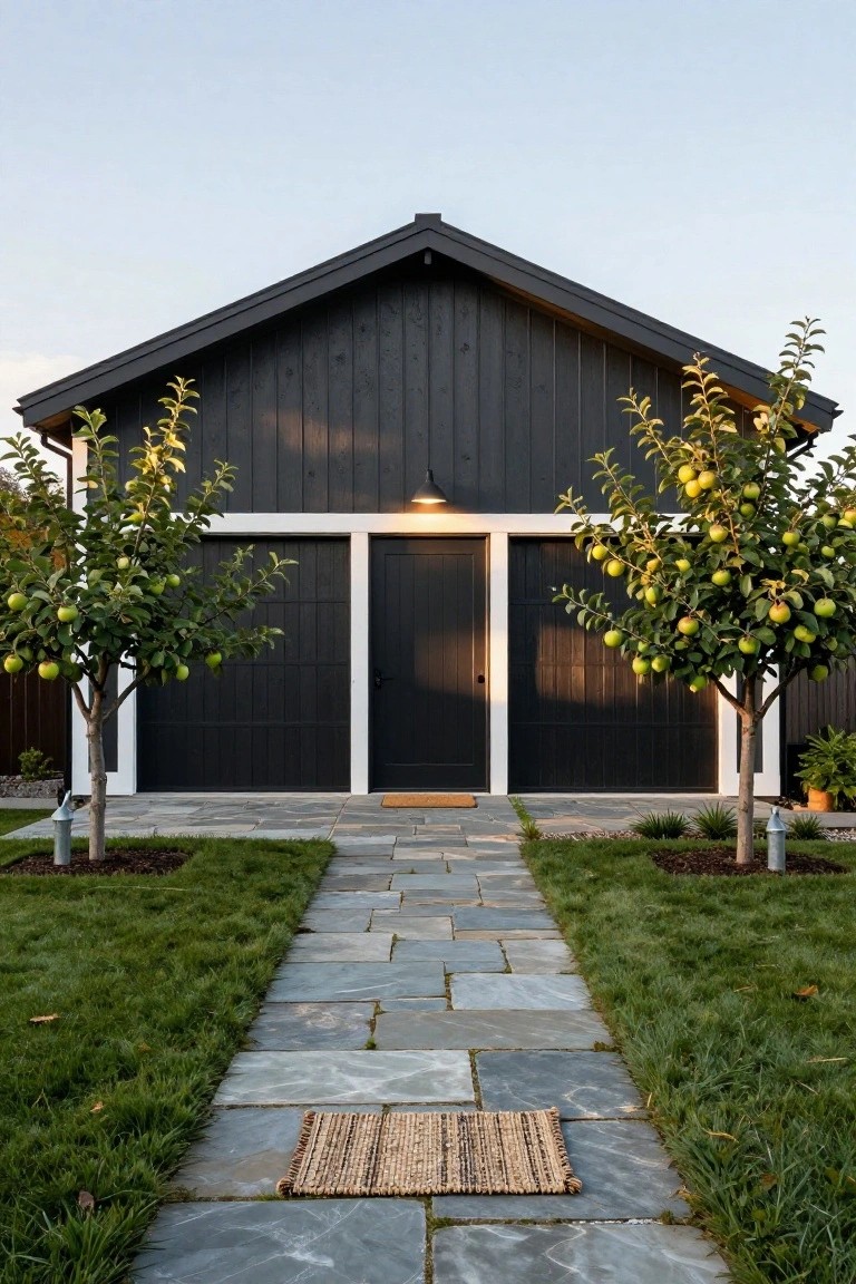 Black wood-sided house exterior with white trim around a large garage door, entry door, and flanked by two apple trees with green apples, slate stone pathway leading to a jute doormat.