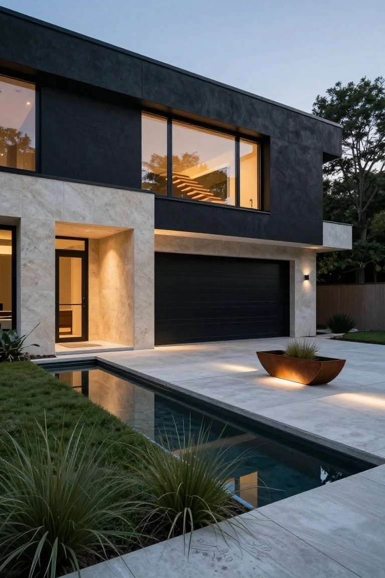 Modern house exterior with black textured walls, light marble stone cladding on entry and accents, large floor-to-ceiling windows, black garage door, glass front door, and foreground reflecting pool edged by grasses and potted plant.