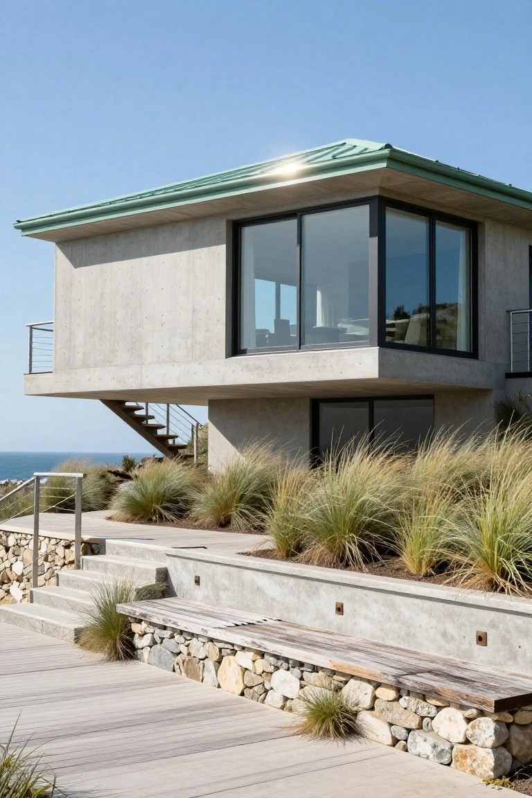 Side view of a modern concrete house with green metal roof, large glass corner window, cantilevered upper level, external metal stairs, wooden bench on stone wall, dune grasses, and ocean view.