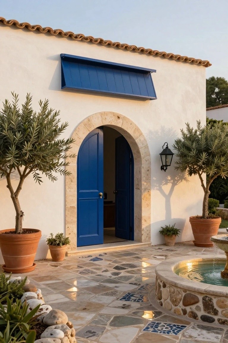 White stucco house exterior featuring an open arched blue door, blue shutters above, olive trees in terracotta pots, lantern light, tiled patio, and stone fountain.