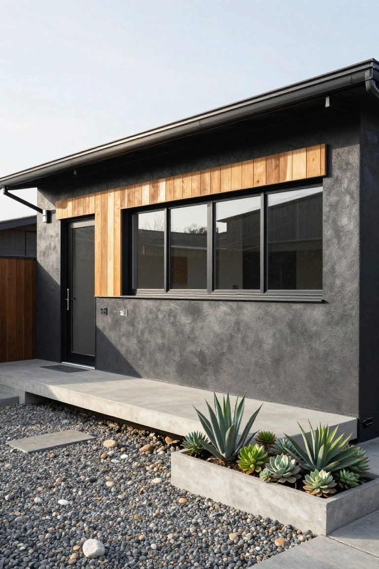 Modern house exterior with dark gray textured stucco walls, light brown vertical wood cladding framing black-framed windows and glass door, concrete entry steps and raised planter filled with succulents and agaves, gravel ground cover.