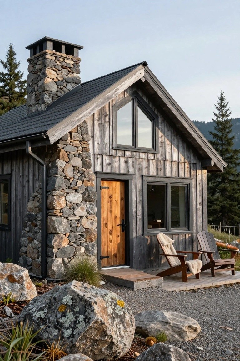 Small cabin with dark wood vertical siding, stone base and chimney, black metal roof, wooden front door, two Adirondack chairs on wooden porch, large rocks and grasses at foundation, evergreen trees and mountains behind.