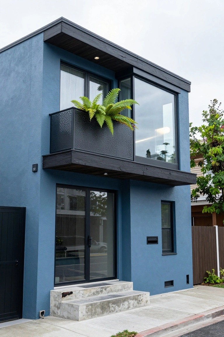 Two-story modern house with deep blue stucco walls, black-framed windows and sliding glass doors, a second-floor balcony with metal railing and large potted fern, black garage door, concrete steps at entry, and adjacent trees and fence.