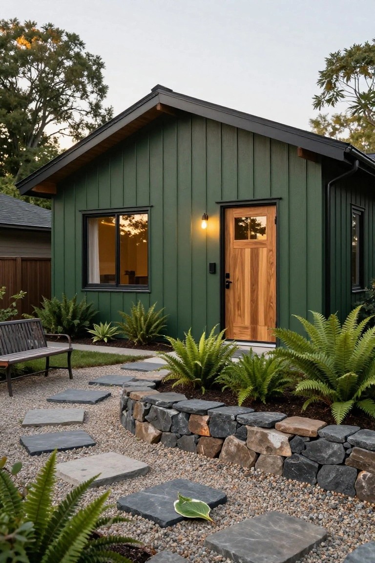 Small modern cabin with dark green vertical siding, wooden front door with glass panels, black-framed window, wall light, gravel path with stone slabs leading from a bench, surrounded by ferns and a low stone wall.