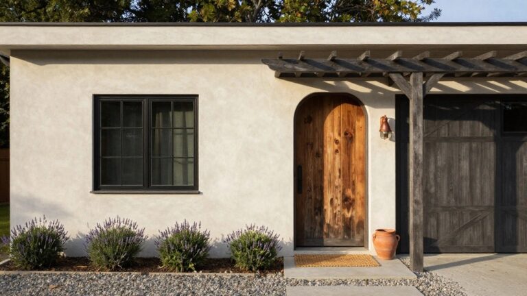White stucco house exterior featuring a two-car wooden garage door, arched wooden entry door, black-framed windows, lantern lights, and lavender plants in a gravel bed with grass edging.