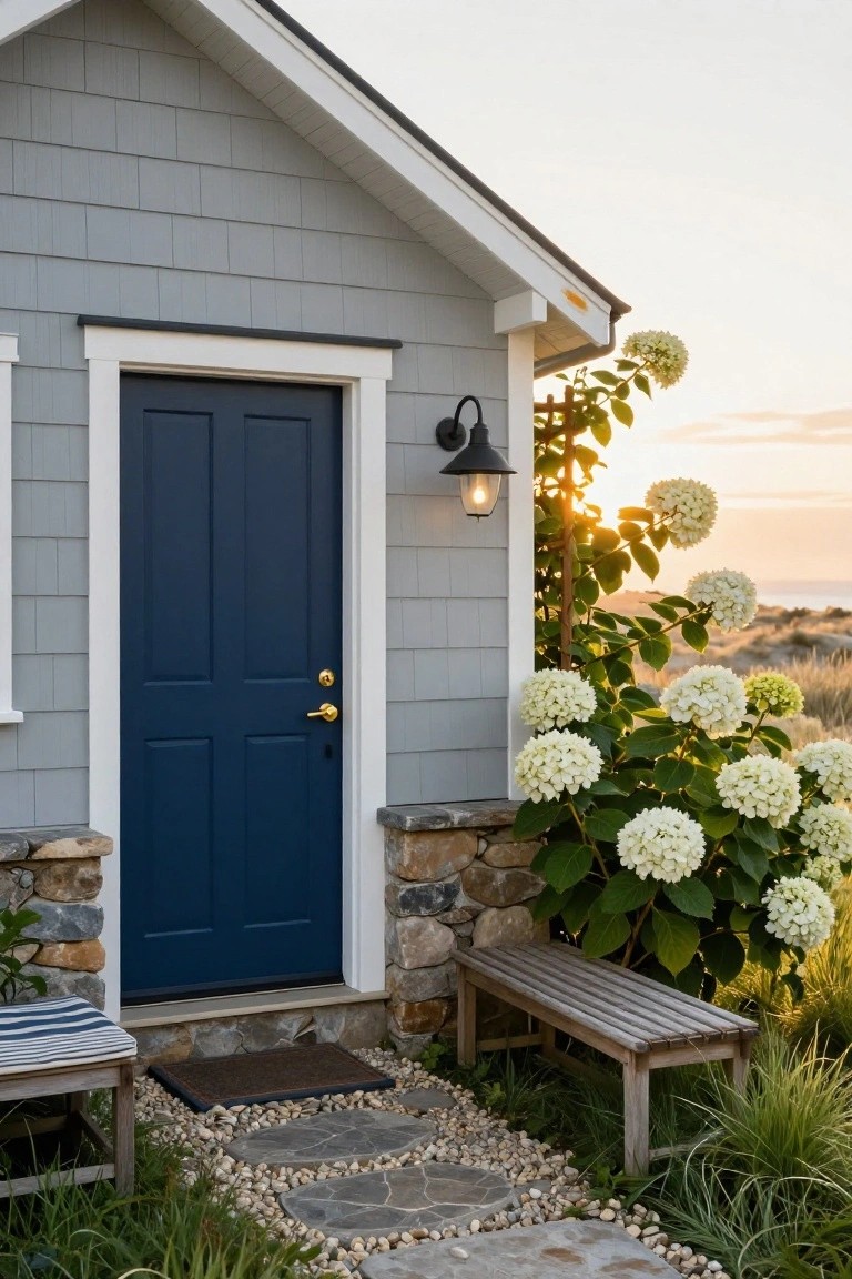 Gray shingle siding house exterior featuring a navy blue front door, black lantern light, white hydrangea bushes, wooden bench, stone foundation, gravel path, and beach view at sunset.