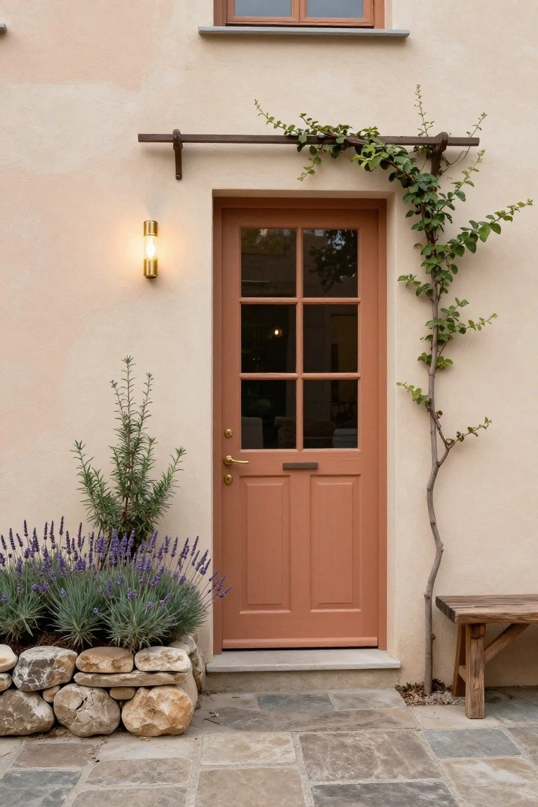 Terracotta wooden front door with nine glass panes and brass knocker on pale peach stucco wall, lit by gold wall sconce, with climbing vine on trellis, lavender and rosemary plants in stone-edged bed, wooden bench, and stone path.