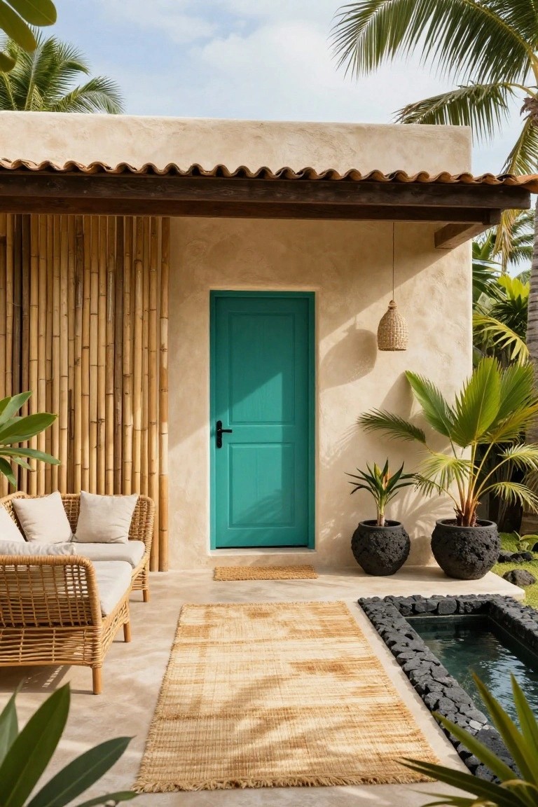 Beige stucco bungalow exterior with turquoise front door, bamboo screen panels, rattan sofa with cushions, potted plants, woven rug, and small dark stone pool.