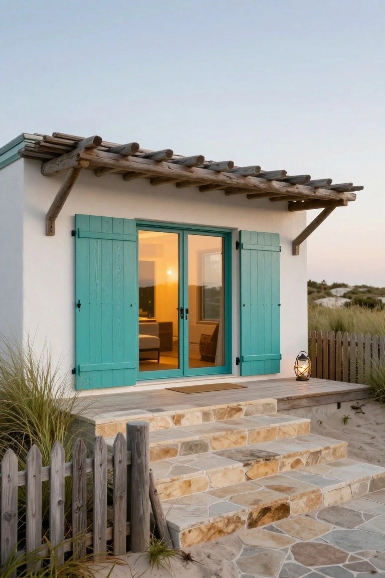 Small white stucco beach house with turquoise wooden shutters open on glass doors, wooden pergola roof overhang, lantern on wooden deck, stone steps, picket fence, beach grass, and sand dunes at dusk.